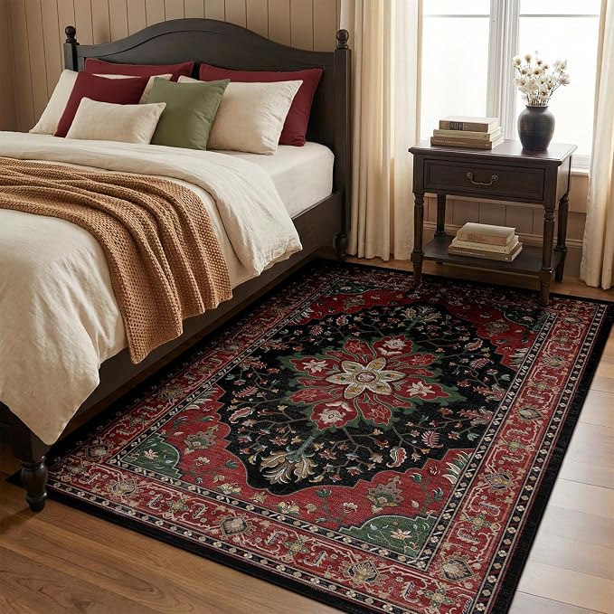 RELEANY Area Rugs 4'x5' Washable Non-Slip, Floral Vintage Distress Medallion by RELEANY