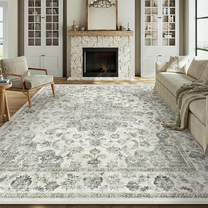 10x14 Neutral Area Rug Green Vintage Living Room Bedroom Washable Carpet by WondRg