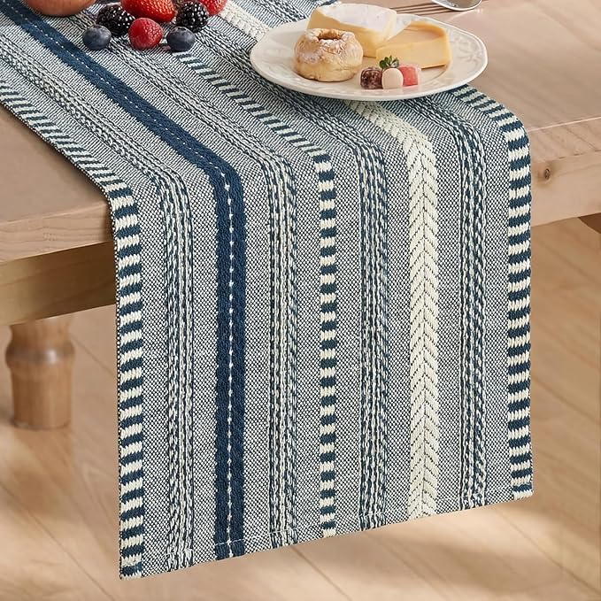 Artoid Mode Dark Blue Farmhouse Stripe Braided Table Runner 12x36 Inch | by ArtoidMode