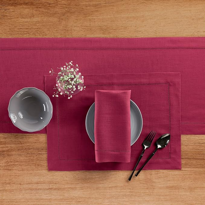 Solino Home 100% Pure Linen Table Runner Beet, Classic Hemstitch 14 x 60 in | - Image 4