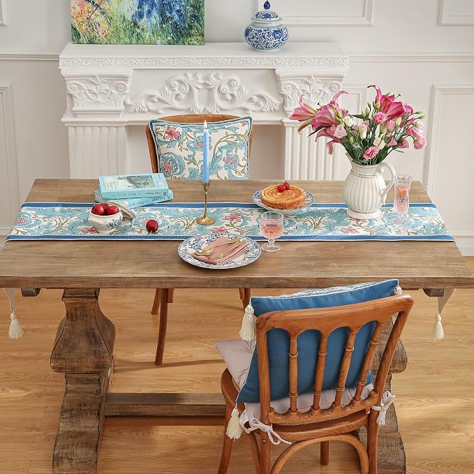 Patdrea Designer Vintage French Linen Table Runner, Elegant Blue Floral Pattern - Image 8