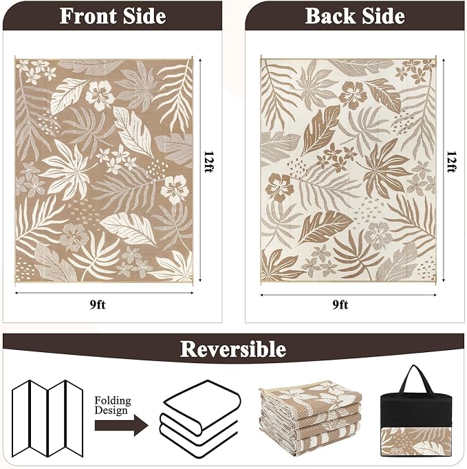 Pauwer Waterproof Outdoor Rug 9x12, Reversible Plastic Straw Patio Camping Rug - Image 2