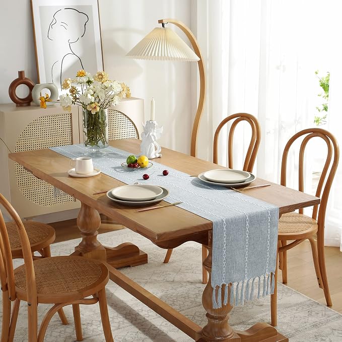 Wracra Rustic Linen Table Runner, Dusty Blue Table Runners 108 inches Long | - Image 3