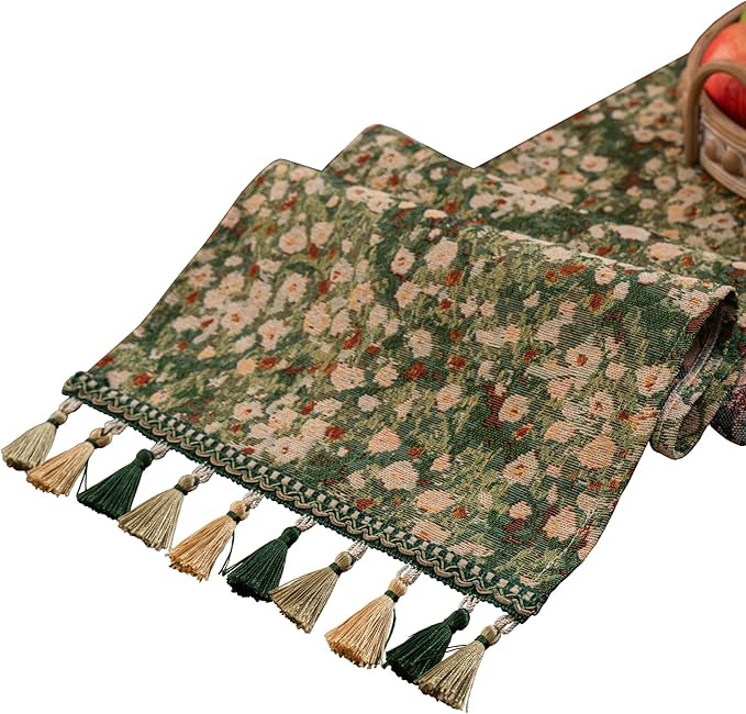Ditsy Floral Table Runner Daisy Green 13 x 108 Inch | Jacquard Weave Pattern by HomeyHo