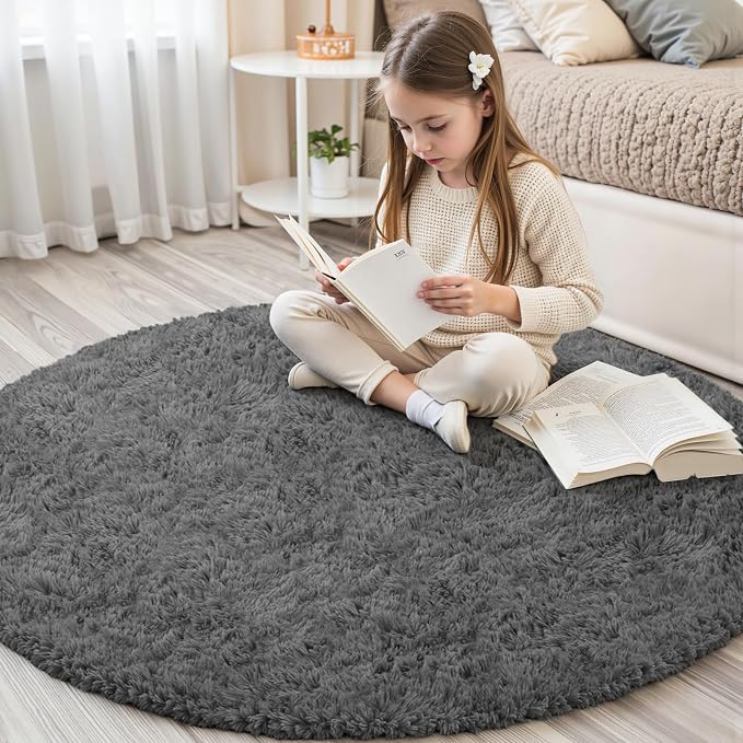 Dark Gray Round Fluffy Rug 6ft Plush Fuzzy Shaggy Carpet, Soft Rugs - Image 3