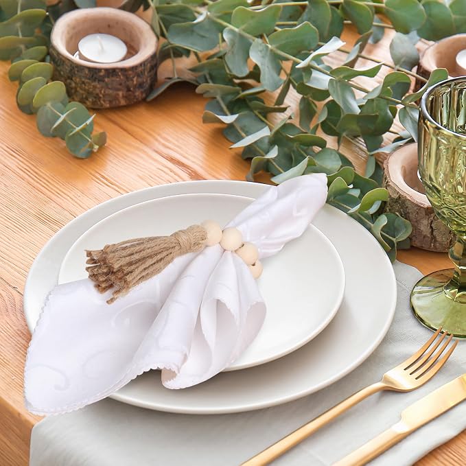 Meplait 6 Pack Wooden Bead Napkin Rings, Boho Farmhouse Table Decor, Nature | - Image 3
