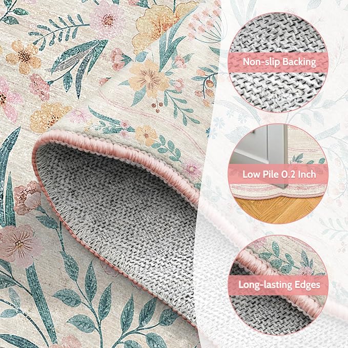 7x9 Pink Rug for Living Room, Scalloped Floral Rug for Girls Dorm, Washable - Image 5