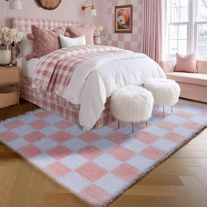KICMOR Pink Rugs for Bedroom Girls, 3x5 Small Fluffy Soft Bedside Checkered - Image 3
