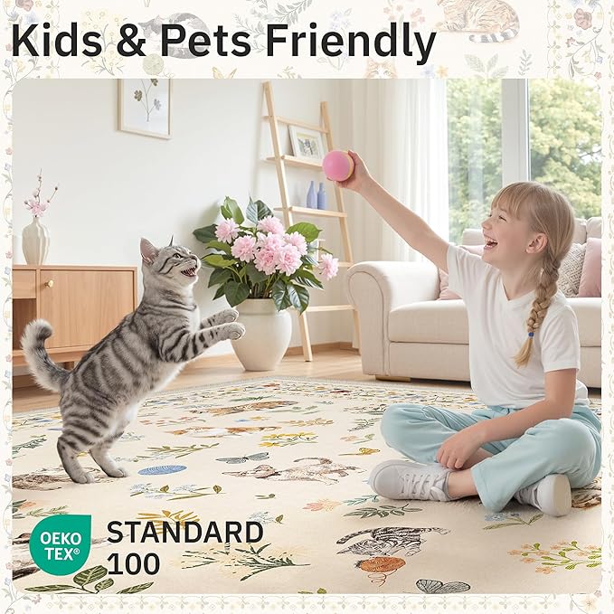 Soalmost Cat 8x10 Area Rugs for Living Room, Machine Washable Animal Floral - Image 5