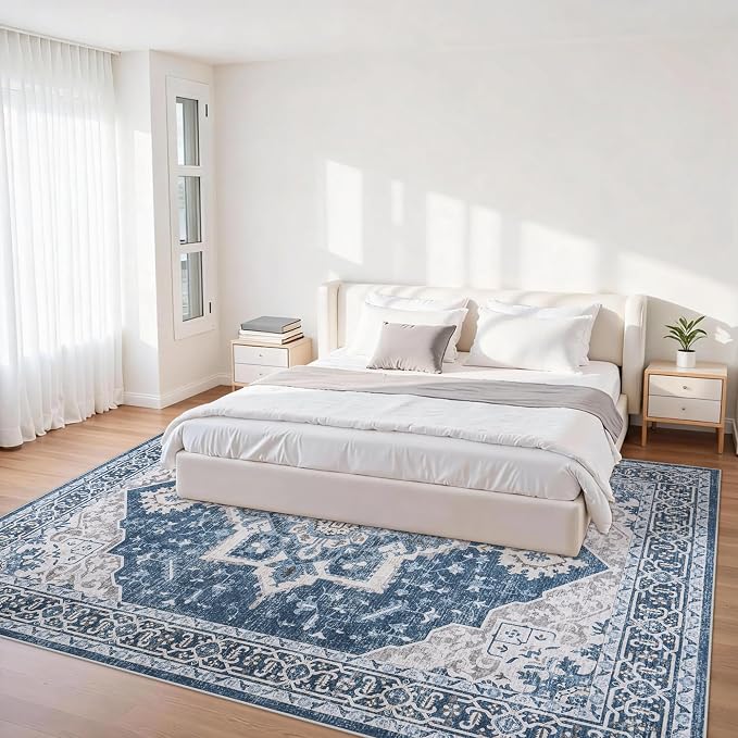 5x7 Area Rugs for Living Room:Blue Washable Vintage Medallion Boho Rug Non-Slip - Image 2