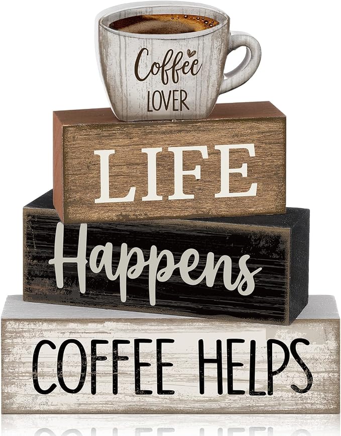 Moucuny 4 Pcs Farmhouse Coffee Bar Table Decor Vintage Wooden Stacked Block Sign by Moucuny