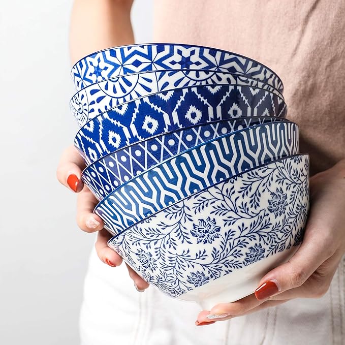 Selamica Blue and White Porcelain 20oz Cereal Bowl Set - Image 4