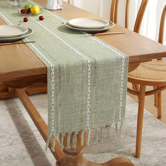 Wracra Rustic Linen Table Runner, Sage Green Table Runners 108 inches Long | - Image 6