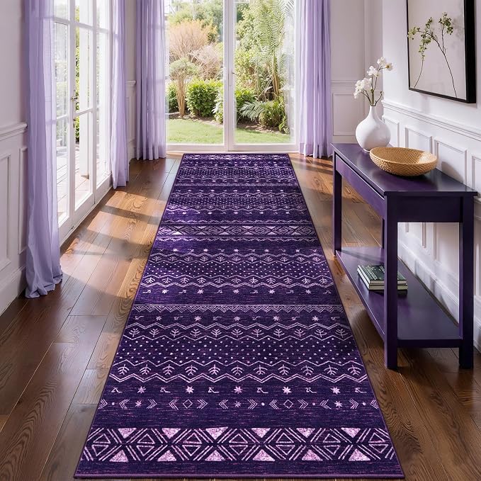 SERISSA Hallway Runner Rug, 2x10 Washable Non-Slip Purple and White Runners by SERISSAHomeDecorCollection