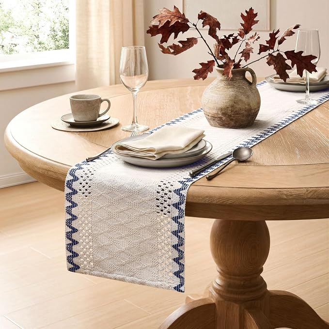 Macrame Side Trim Boho Woven Table Runner, Dusty Blue 12x108 Inch | Crochet - Image 5