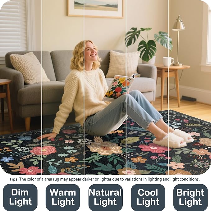 5x7 Area Rug, Floral Rugs for Living Room, Stain-Resistant Washable Bedroom Rug - Image 7