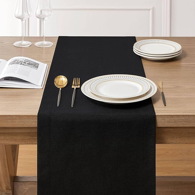 Linen Textured Border Table Runner, 14 x 48 Inch Black | Mitered Corner Design - Image 3