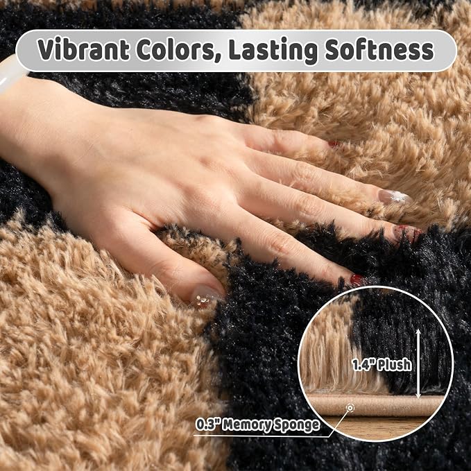 Shag Rugs for Living Room 5x7, Ultra Soft Checkered Black Beige Big Fuzzy Rugs - Image 5