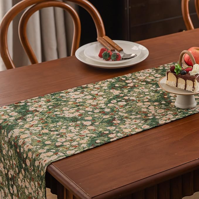 Ditsy Floral Botanical Boho Table Runner Green 13 x 71 Inch | Jacquard Vintage - Image 4