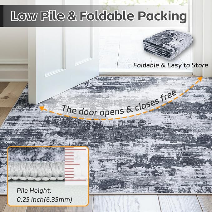 9x12 Area Rugs for Living Room Washable: Abstract Soft Thin Low Pile Black Rug - Image 7