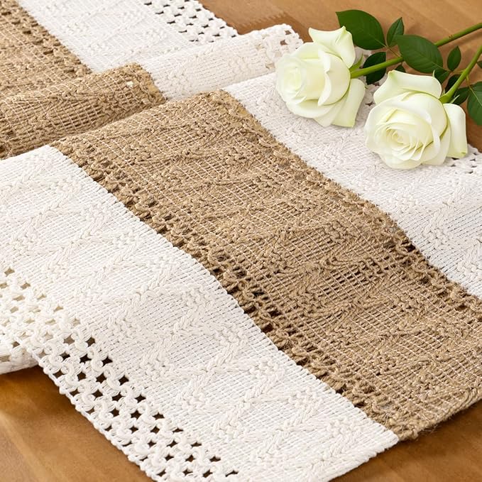 Ivory & Burlap Boho Table Runner Farmhouse Woven Table Runner 12x72 Inch | by MLMC