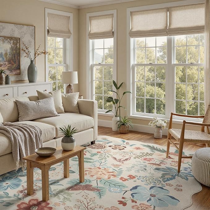 DCX Beige Floral Rug 9x12, Washable Beige Rug - Image 2