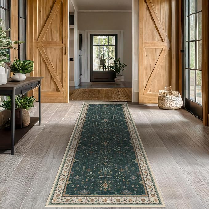 Dark Green 3x8 Wide Hallway Runner Rug by HazoHaus