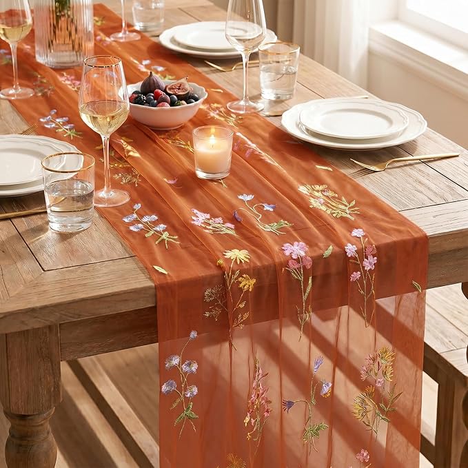 Artoid Mode Wildflower Floral Caramel Gauze Embroidery Table Runner 120 Inch - Image 7