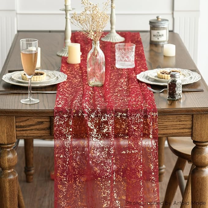 Artoid Mode 6PCS Red Gold Gauze Table Runner 120 Inch 10FT, Glitter Metallic - Image 2
