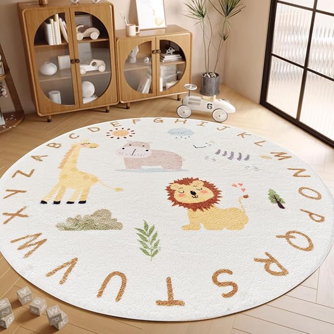 Poowe ABC Animals Kids Play Mat Baby Nursery Rug Round Educational Alphabet - Image 3