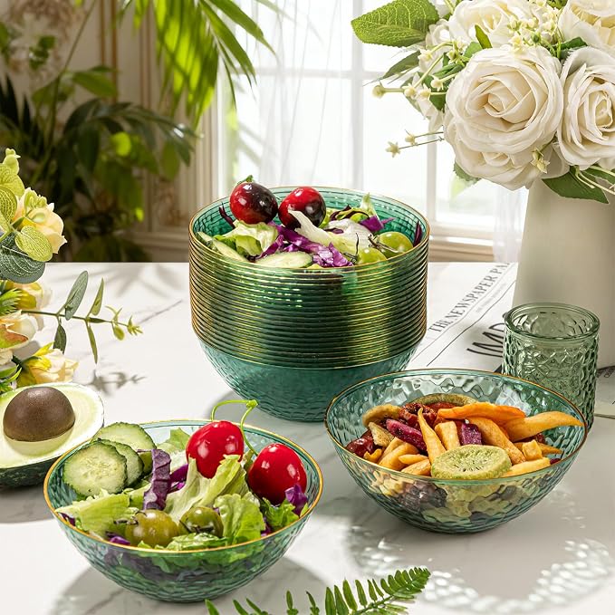 50 Pack 12 Ounce Clear Green Plastic Bowls Serving Bowls Hammered - Image 3
