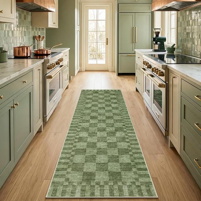 GarveeHome 2×6 Kitchen Runner Rug Non Slip, Moss Green Checkered Rug, Washable by GarveeHome