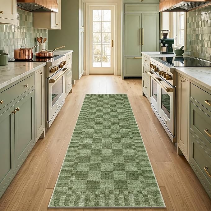 GarveeHome 2.5×8 Kitchen Runner Rug Non Slip, Moss Green Checkered Rug by GarveeHome