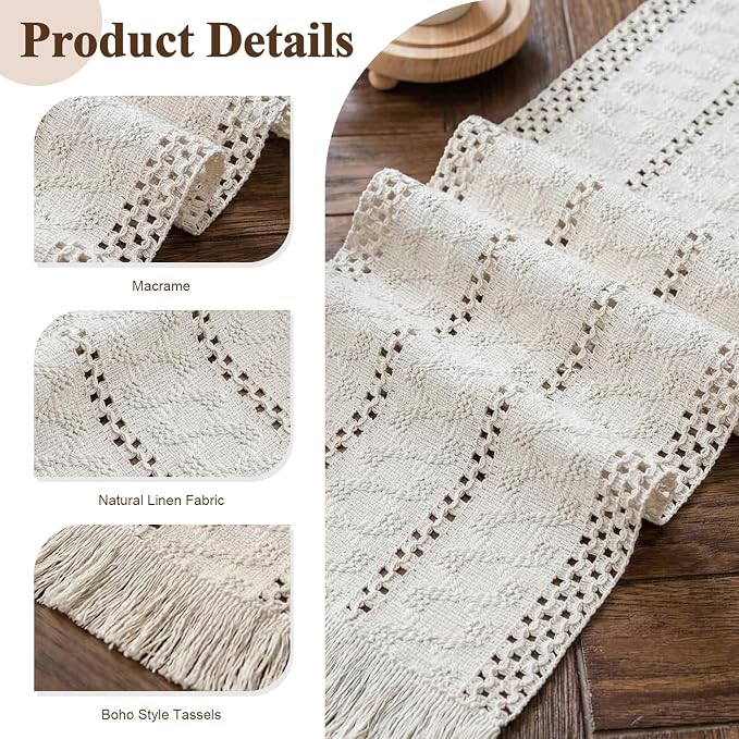 Boho Macrame Table Runner with Tassels 72in White Farmhouse Runner | Macrame - Image 2