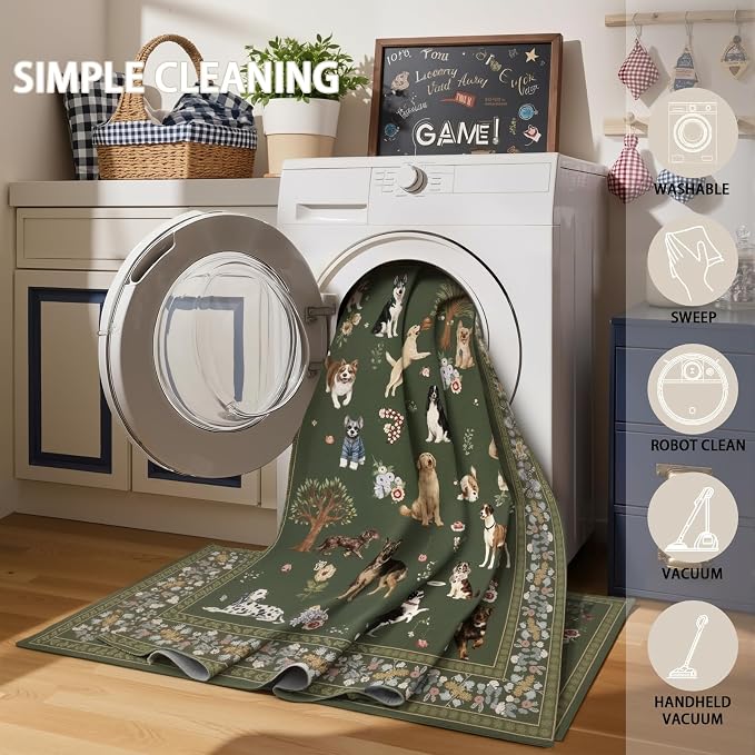 Floral Dog Machine Washable Rug Dark Green, 3x5 Rug Non Slip Soft Bedroom Rugs - Image 5