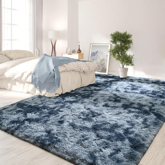 FlyDOIT Large Area Rugs for Living Room, 4x6 Feet Tie-Dyed Blue Grey Shaggy Rug - Image 3
