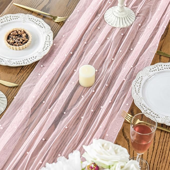 Artoid Mode 10PCS Pearl Pink Gauze Table Runner 120 Inch 10FT, Seasonal Sheer - Image 4
