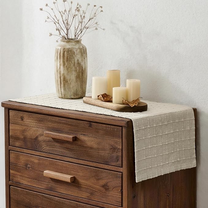 Artisanal Grid Linen Table Runner, 13x36 Inches Neutral Beige | Heavy Textured - Image 3