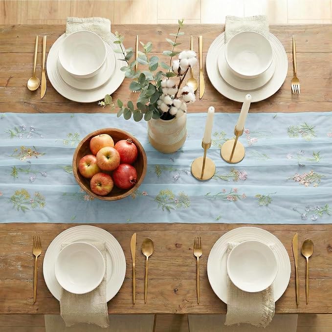 Artoid Mode Wildflower Floral Sky Blue Gauze Embroidery Table Runner 120 Inch - Image 5