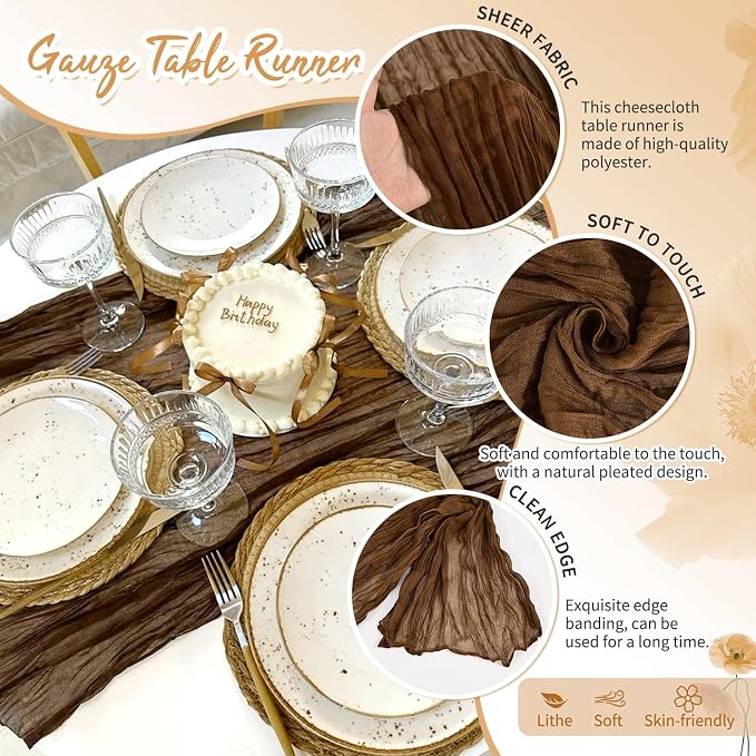 Showgeous 4 Pack Brown Cheesecloth Table Runner, 17 x 108 Inches | Boho - Image 3
