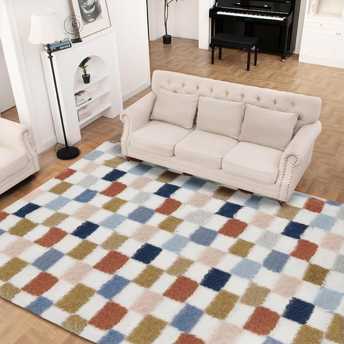 Super Soft Rug for Bedroom, 6x9 Ft Rainbow Area Rug Classic Checkered Shaggy - Image 8