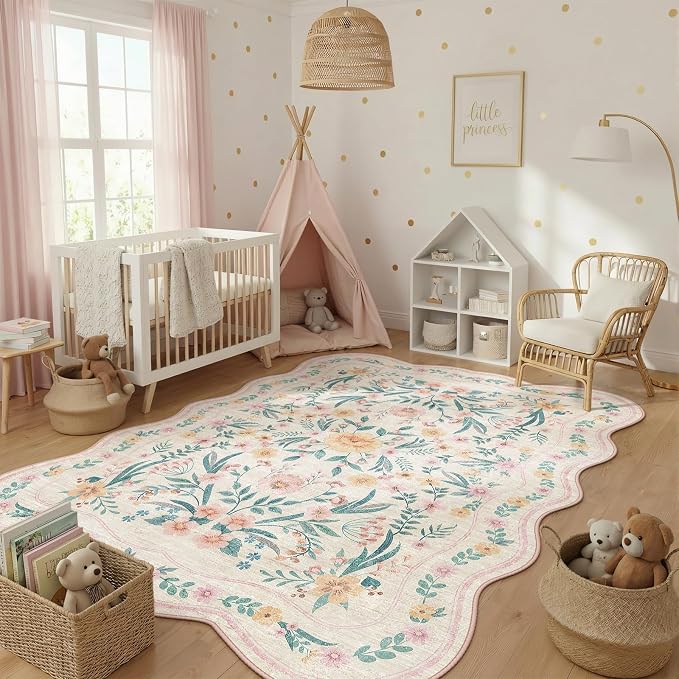 Scalloped Rug for Living Room, 5x8 Pink Floral Rug for Girls Dorm, Washable by Dadasgk