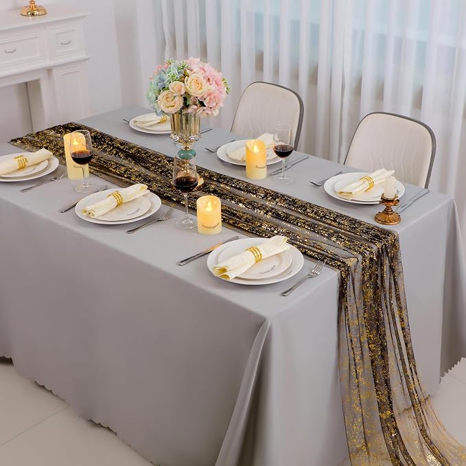 Snowkingdom Black and Gold Cheesecloth Table Runner 10 FT, Sheer Chiffon - Image 2