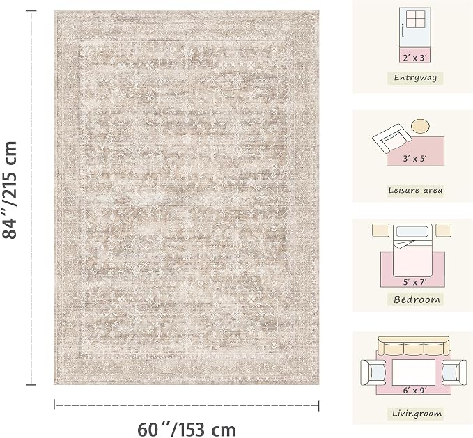 Latte&Fog 4x6 Beige Rugs for Living Room, Vintage Washable Area Rug for Bedroom - Image 2