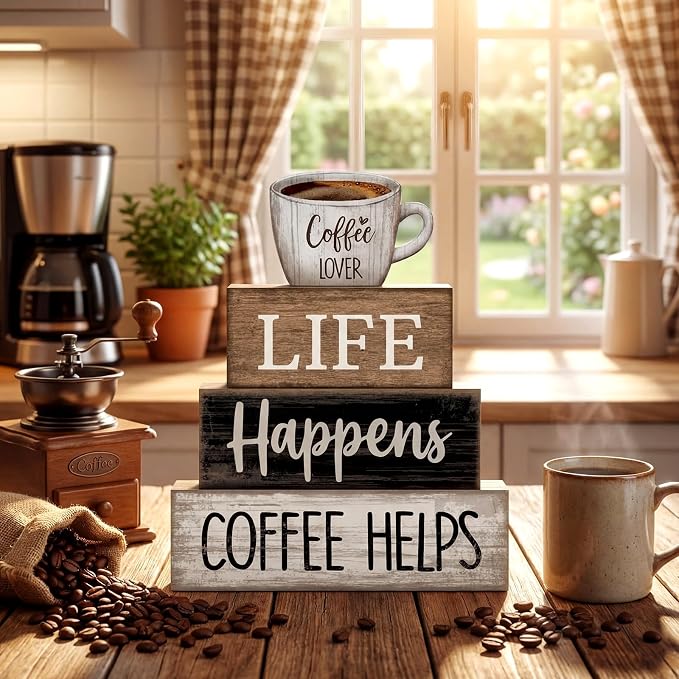 Moucuny 4 Pcs Farmhouse Coffee Bar Table Decor Vintage Wooden Stacked Block Sign - Image 2