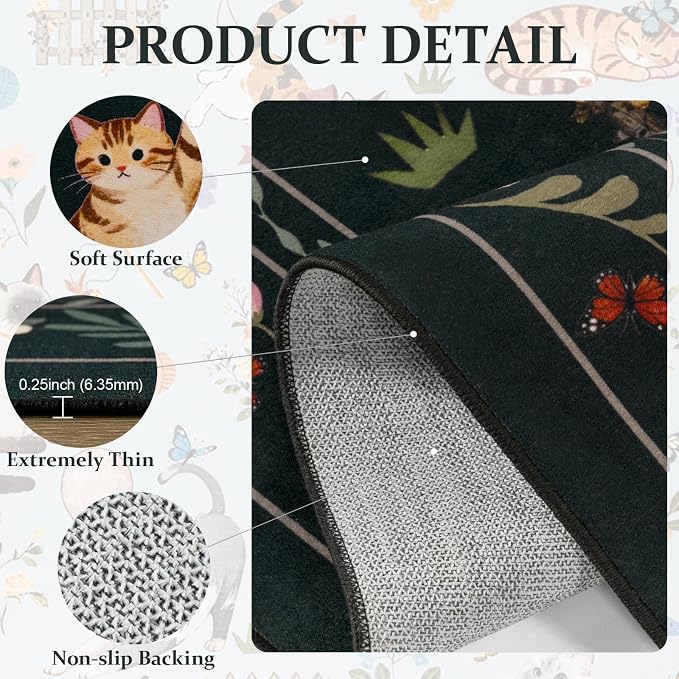 Unirea 2.6x8 Black Cat Runner Rug, Washable Non Slip Botanical Rug - Image 4