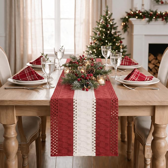 Artoid Mode Rose Red Farmhouse Woven Table Runner 12x72 Inch | Holiday Rustic - Image 2