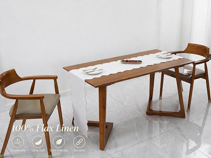 100% Natural Linen Rustic Scalloped Embroidery Table Runner 120 Inches Long - Image 3