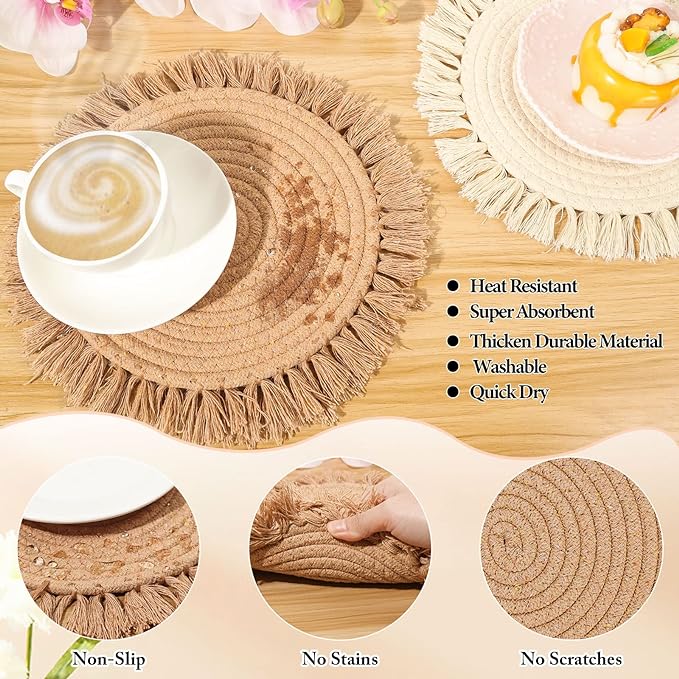13 Inch Round Cotton Placemat Set of 4 Boho Placemats Table Mats Woven Washable - Image 3
