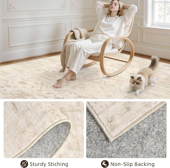 10x14 Area Rug for Living Room: Vintage Boho Neutral Washable Rug Indoor Soft - Image 4